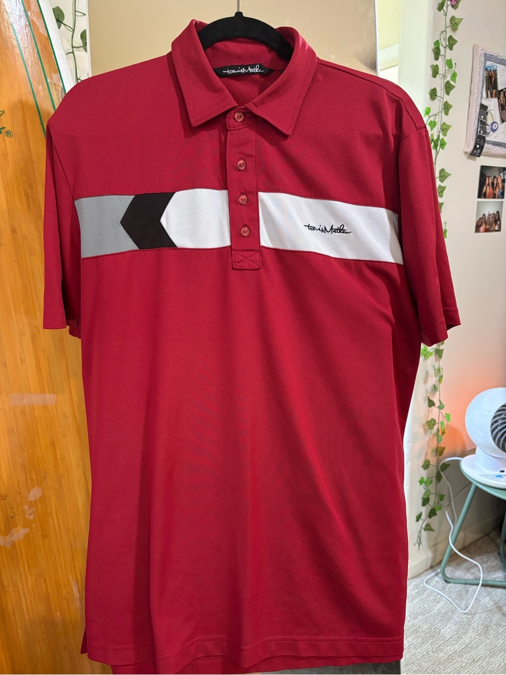 Travis Mathew Red Polo with White Chest Stripe and Black Chevron Sleeve logo L